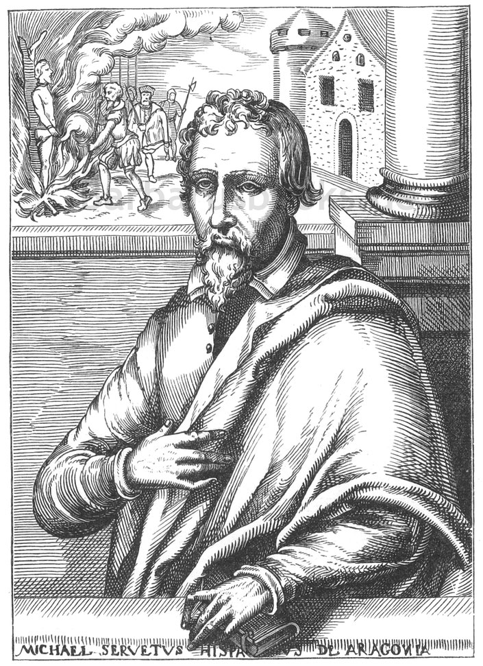 Abb. 342. – Michael Servetus (geboren 1509 in Villanueva, Aragón) wurde 1553 auf Befehl Calvins in Genf lebendig verbrannt. – Nach einer Kupferplatte in der „Historia Michaelis Serveti“: 4to, Helmstadii, 1727.