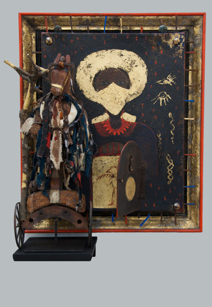Artist Bob Rizzo made this combination of painting and sculpture in 2008. Title "The Silencing of Pantheos"
