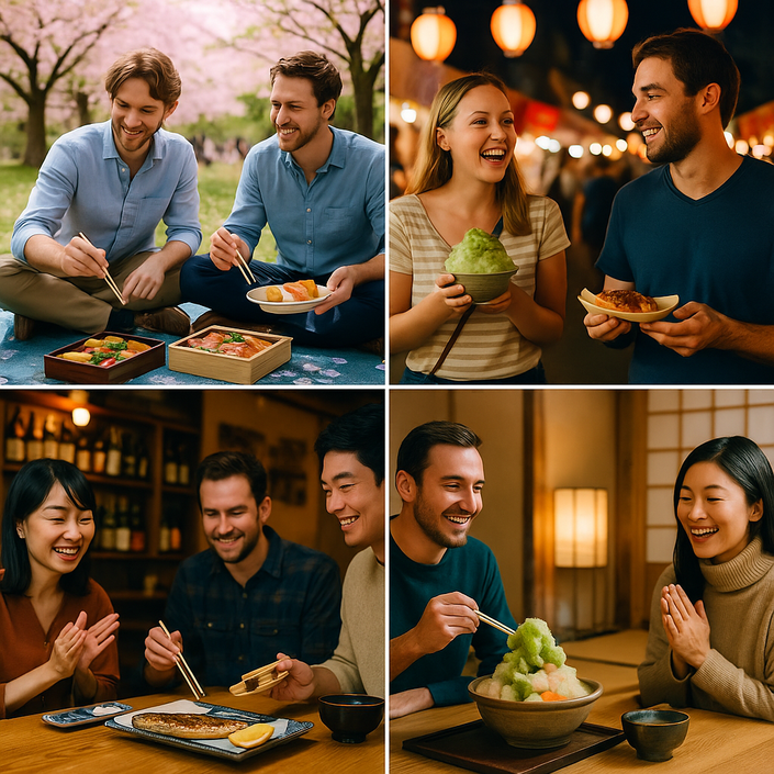 Tourists tasting seasonal Japanese dishes in different settings: hanami picnic, summer festival, autumn izakaya, winter hotpot.
