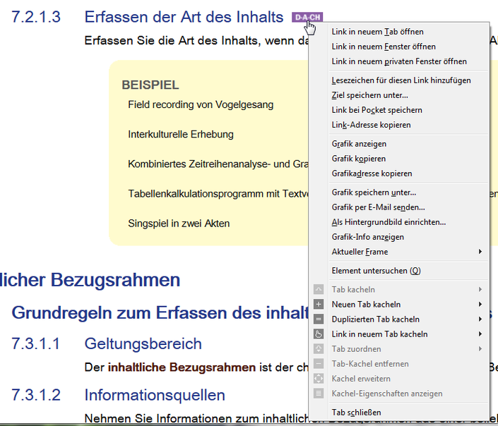 Rechtsklick auf den D-A-CH-Button oder anderen Link führt zu diesem Kontextmenü