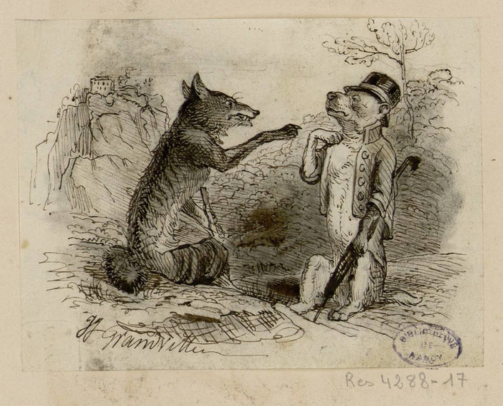 Le loup et le chien - Les Fables de La Fontaine - dessins originaux de Grandville (1837-1838).