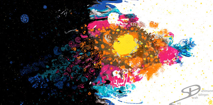 Sarah Esslinger-Dahlmann, der Raum zwischen Licht und Dunkelheit, Juli 2013, 100 x 50 cm, Acrylfarbe, Mischtechnik auf Leinwand, abstraktes, kraftvolles, farbintensives Werk, schwarz und weiß, dazwischen leuchtend alle Farben von gelb über magenta zu blau