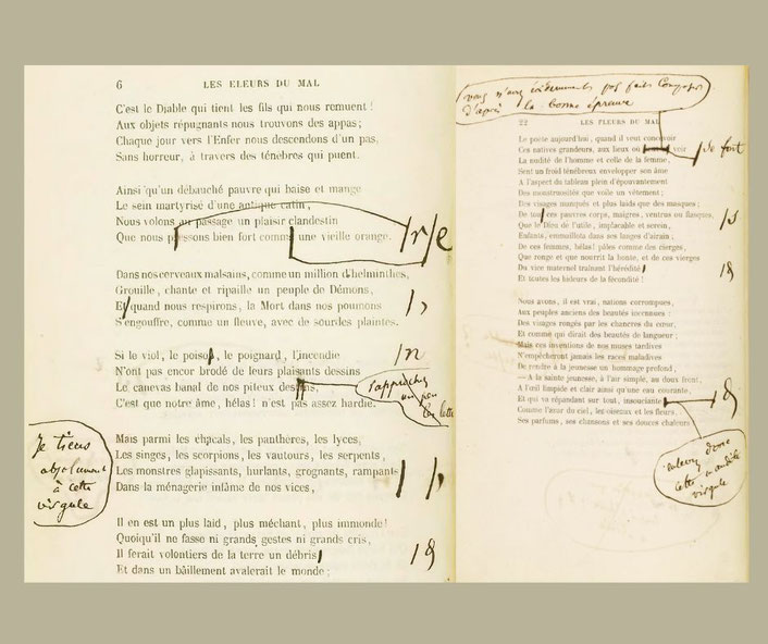 ꧁ Annotations de Baudelaire adressées à Auguste Poulet-Malassis sur les épreuves de la 1re édition des Fleurs du mal ꧂