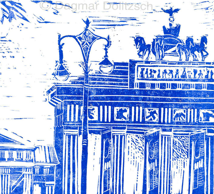 Titel: Ausschnitt vom Brandenburger Tor, Technik: Linolschnitt, Format: 18cm x 15cm, Künstler: Dagmar Dölitzsch