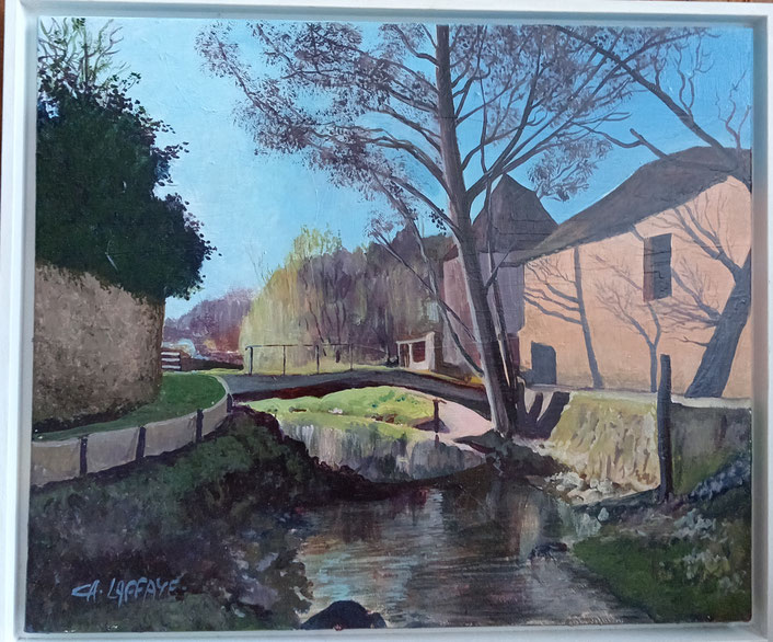 Série:" Au fil de l'eau" Chemin du Canada,Moulins-Engilbert. Acrylique sur toile. 500€.
