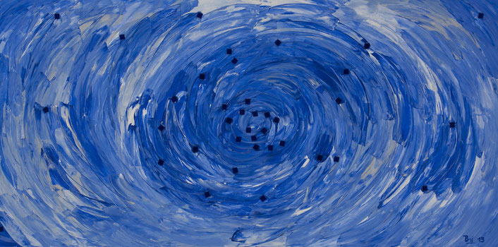 1 m x 2 m großes Acrylbild in intensiv Blau mit transparenten ultramarinblauen Mosaiksteinen