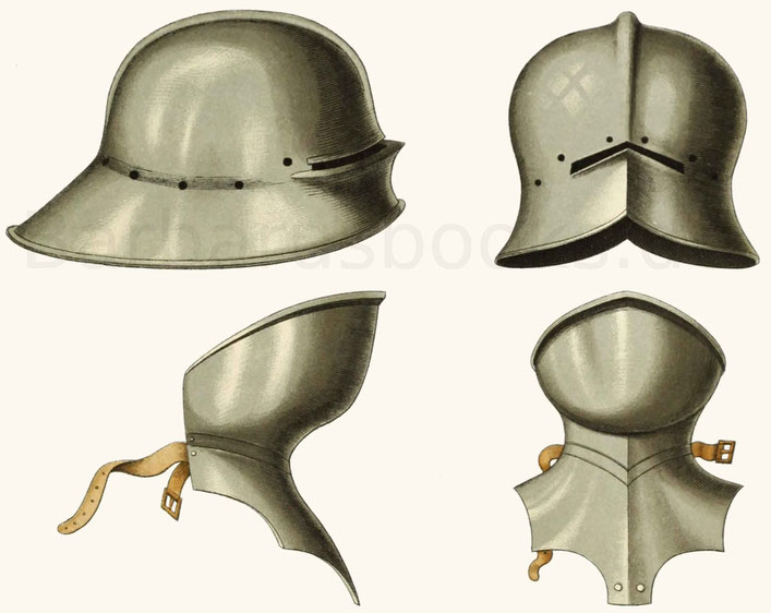 Helm und Halsbedeckung (Barthaube) aus dem 15. Jahrhundert. 