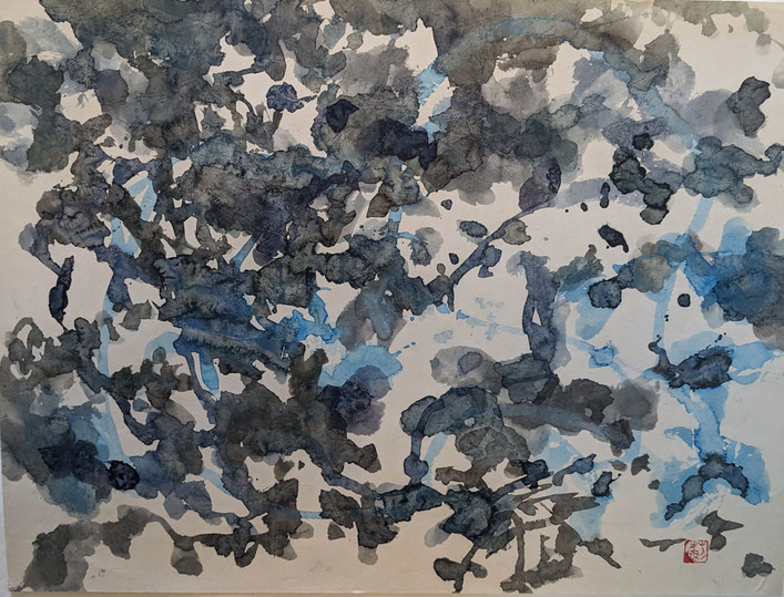 "Blue wilderness 11b" by Ji Xu (1963-2014)46x35cm ink an colours on paper ,stamped