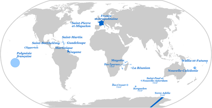 Départements et territoires d'outre-mer - Par Superbenjamin - Dérivé de : Blank Map World Secondary Political Divisions - CC BY-SA 4.0