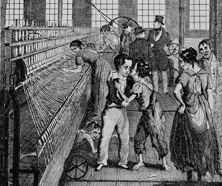 An illustration of child apprentices working in a textile factory. It depicts harsh conditions, with children laboring near machinery while overseers watch.