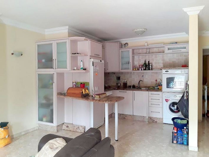 Wohnliche helle Küche mit Kühlschrank, Herd u.s.w. 