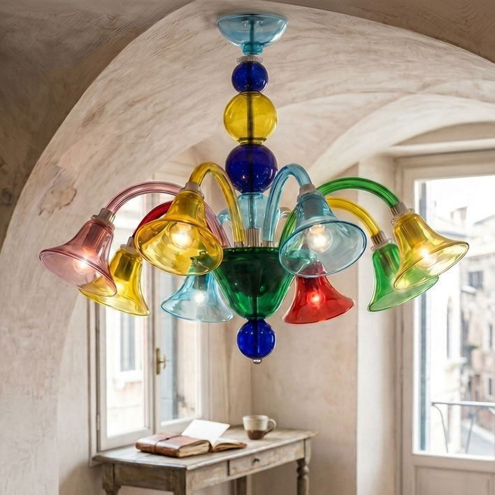 Lampadario Miss Bollicine in vetro di Murano lavorato a mano con sfere colorate design contemporaneo