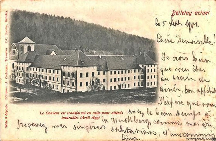 Pedro Meier – Robert Walser – Abbatiale Bellelay im Jura, Pflege- und Heilanstalt – alte Postkarte – hier in dieser Anstalt arbeitete Robert Walsers langjährige Freundin Frieda Mermet als Wäscherin – Archiv © Pedro Meier Multimedia Artist Niederbipp Bern