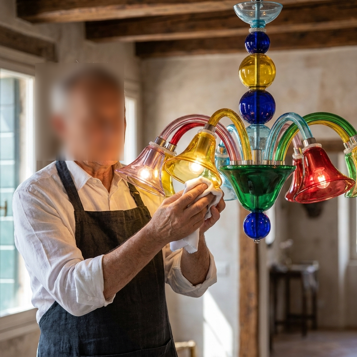 Lampadario Miss Bollicine in vetro di Murano lavorato a mano con luci diffuse per ambiente moderno