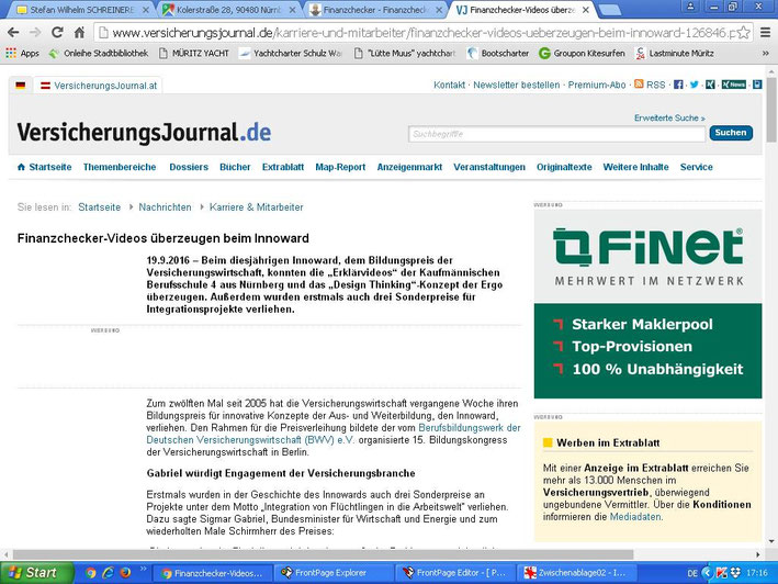 Artikel im VersicherungsJournal vom 19.09.2016 (Screenshot vom 20.09.2016)