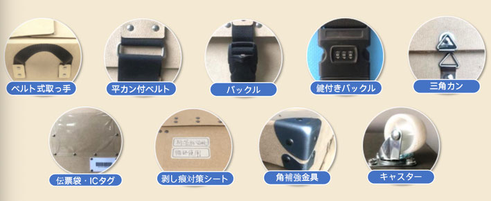 ベルト式取っ手、平カン付ベルト、バックル、鍵付きバックル、三角カン、伝票袋・ICタグ、剥がし痕対策シート、角補強金具、キャスター