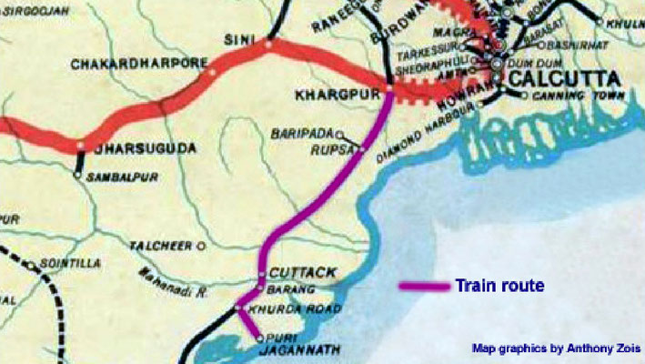 Map shows the rail route between Jagannath Puri & Khargpur. Map graphics by Anthony Zois.