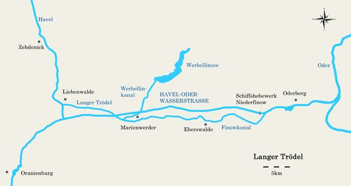 Übersichtskarte Langer Trödel mit Havel-Oder-Wasserstraße und Finowkanal