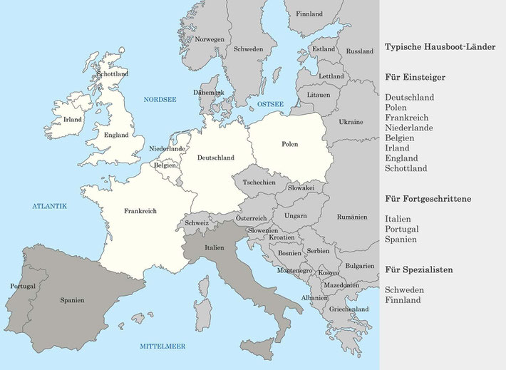 Übersicht typischer Hausbootländer in Europa