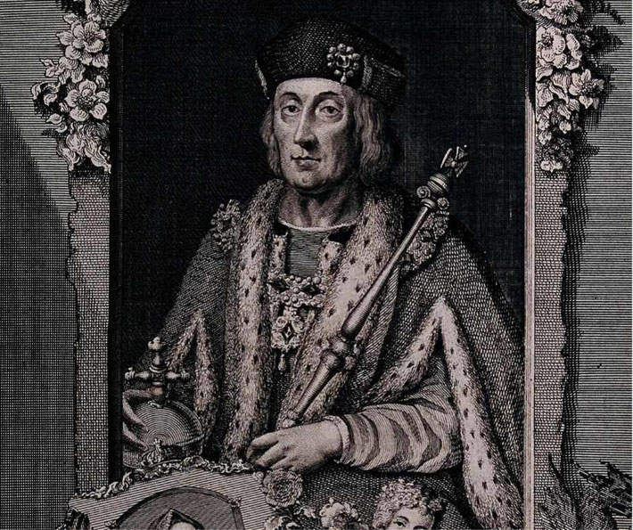 A detailed black and white engraving of a crowned monarch in regal attire, holding a scepter and orb.