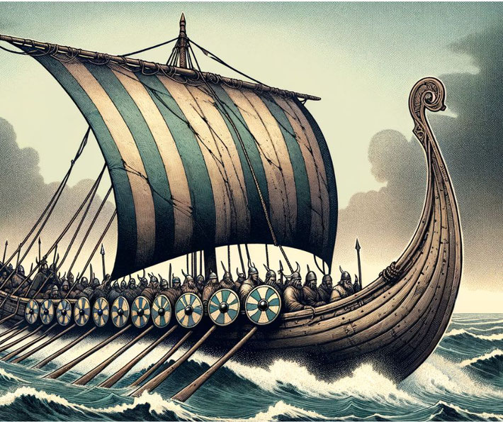 A Viking longship with a striped sail, carved dragon prow, and rows of shielded warriors rowing through waves, evoking a scene of seafaring exploration or raiding.