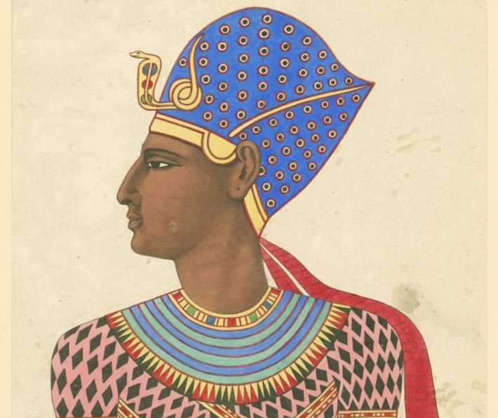 Illustration of an ancient Egyptian figure in profile wearing a blue patterned crown, colorful collar, and traditional royal garments.