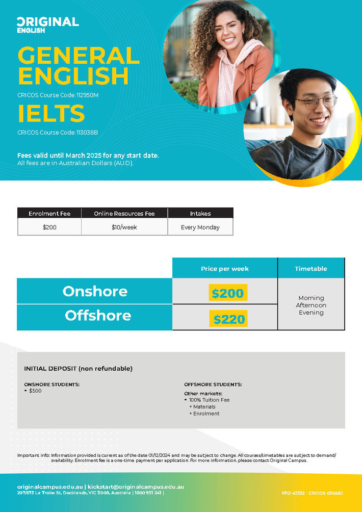 Original Campus (メルボルン校)2025年度 General English料金表