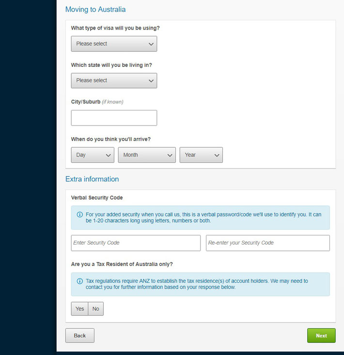 ANZ オンライン口座開設 - 入力画面2