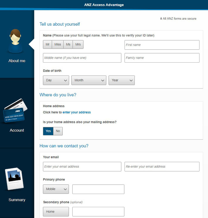 ANZ オンライン口座開設 - 入力画面１