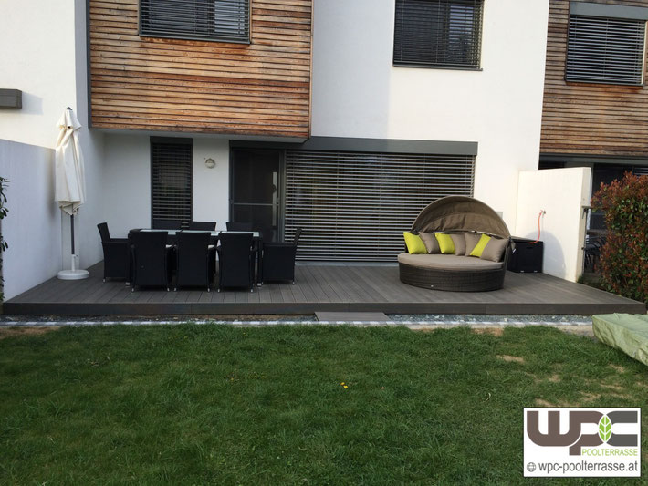 Terrasse Sanierung Vergrößerung - Verlegt mit BPC Bambus WPC Terrassendielen Montage auf Alu Unterkonstrukion in Kies Schotterbett