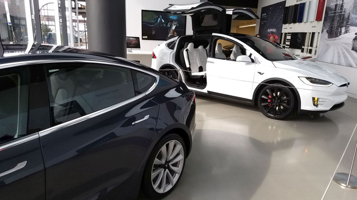 Tesla Model  3 in Midnight Silver Metallic, im Hintergrund ein weisses Model X
