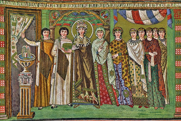 Mosaico retratando Teodora, prostituta e mulher de Giustiniano (527- 565 a.d.), imperador que por primeiro na Història legislou a favor das mulheres.