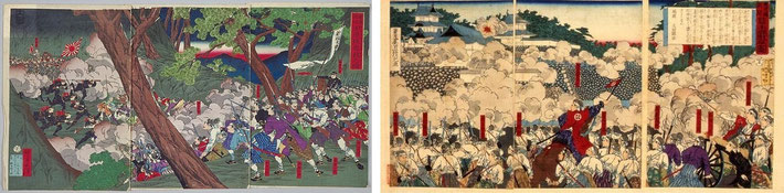 西南戦争　左「田原坂激戦之図」右「熊本城戦争図」