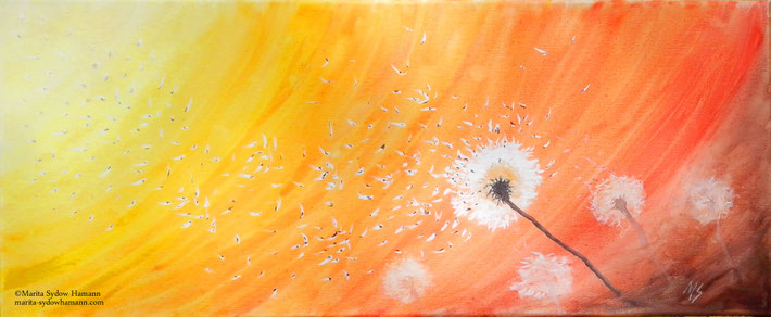Aquarell auf Leinwand: Pusteblume im Abendrot, 25x60cm