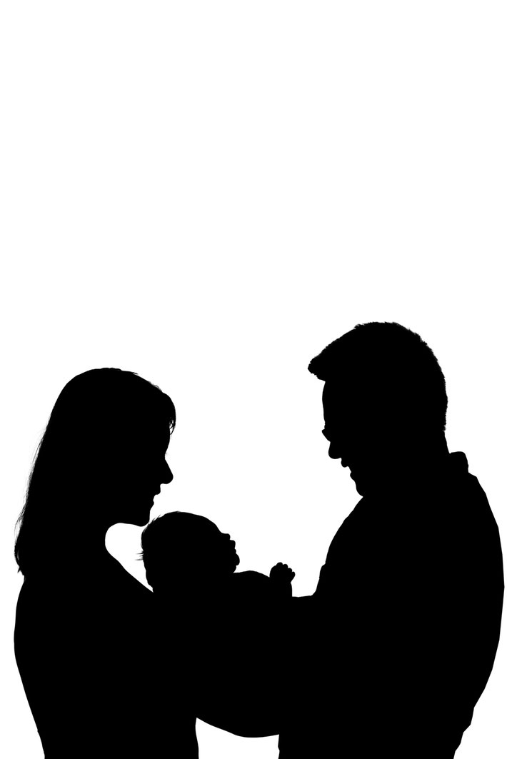 black and white silhouette of mother, new baby, and father. 