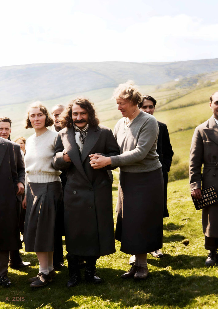April 1932. Meher Baba with Margaret Starr (left) & possibly Mrs Helmar, at East Chalacombe, England. Image rendition by Anthony Zois.