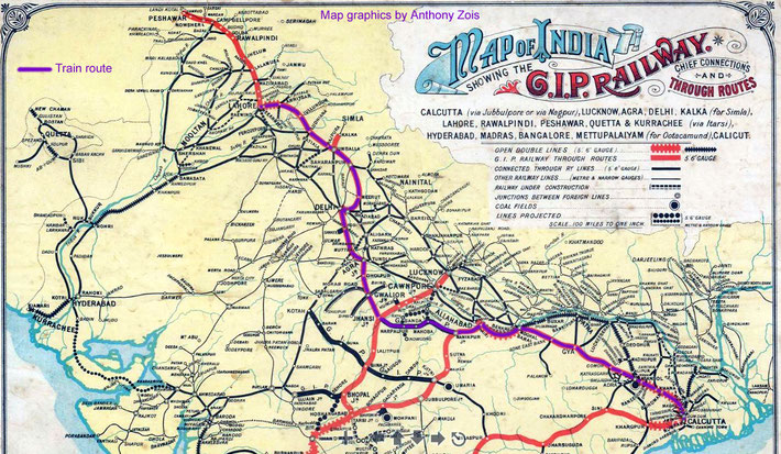 1913 Map showing the rail route from Calcutta to Lahore. Map graphics by Anthony Zois.