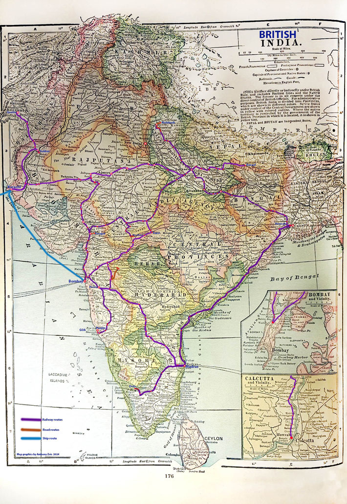 1924 : Map shows all the trips made within Br. India. Most started from Bombay. Map graphics by Anthony Zois.