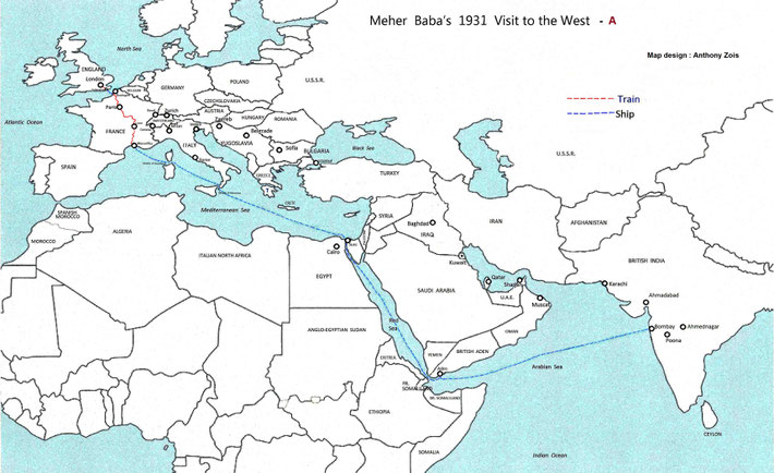 1931 Map A : The above map shows to journey from Bombay, India to London, England. Map graphics by Anthony Zois.