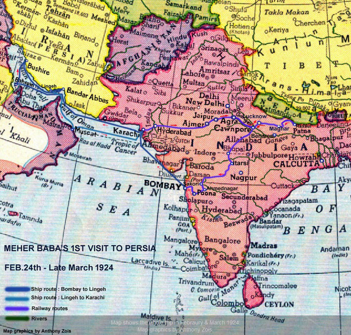 Map shows the whole trip in Febraury & March 1924. Map graphics by Anthony Zois.
