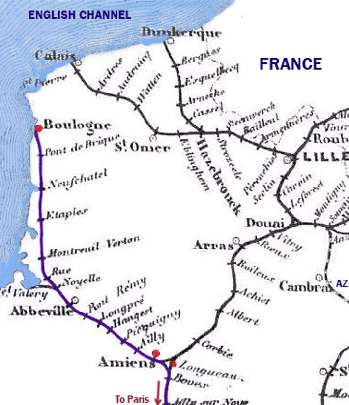 Close up of the rail line near Boulogne, France. Map graphics by A. Zois.