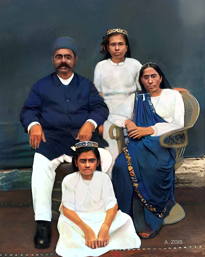 Early 1920s : Kaikhushru, his wife Gulmai and their 2 daughters - Piroja ( standing ) & Dolly ( sitting on the floor ).  Image rendered by Anthony Zois.