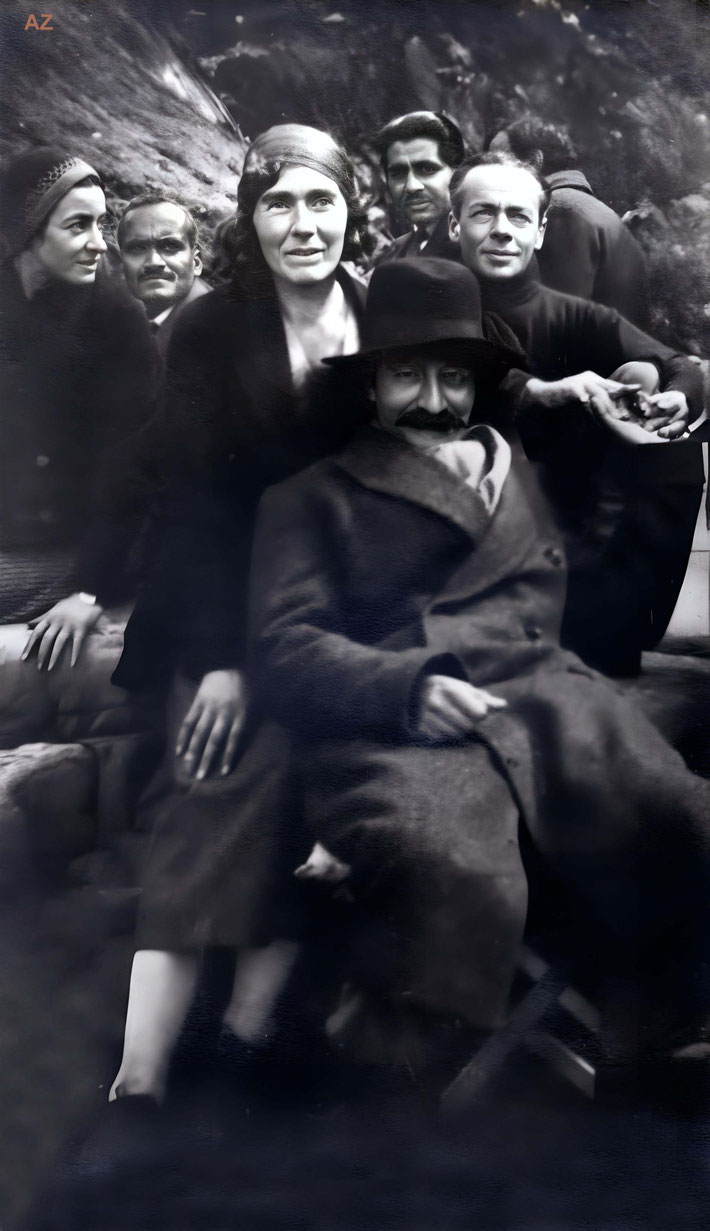 1932 : Meher Baba in East Challacombe, Devon, England with some locals. Image enhanced by Anthony Zois.