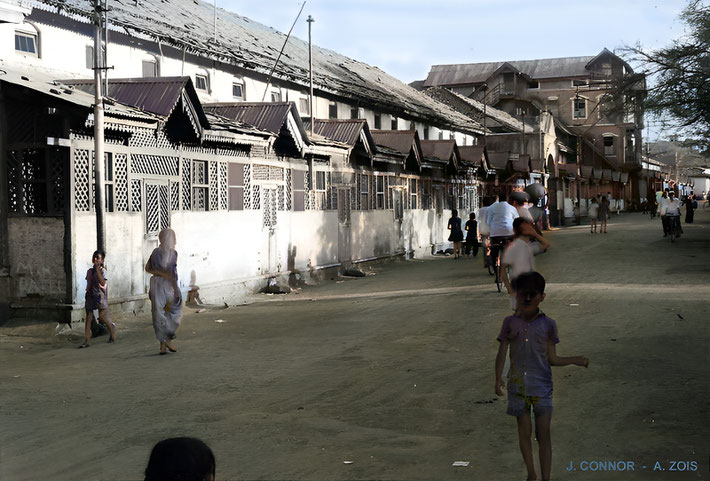 Bhagwandas Chawl, near Hazrat Babajan's Samadhi - Meher Baba lived here from 1909 to 1912 when He was in college - Baba's house is the 3rd house - Photo taken by John Connor in 1976. Image rendered by Anthony Zois.