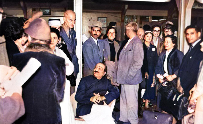  1956 : London Airport - Meher Baba with his men Mandali waiting to get the contecting plane to go to New York. The English Meher Baba group came to be with Baba whilst he waited. Image rendered by Anthony Zois.