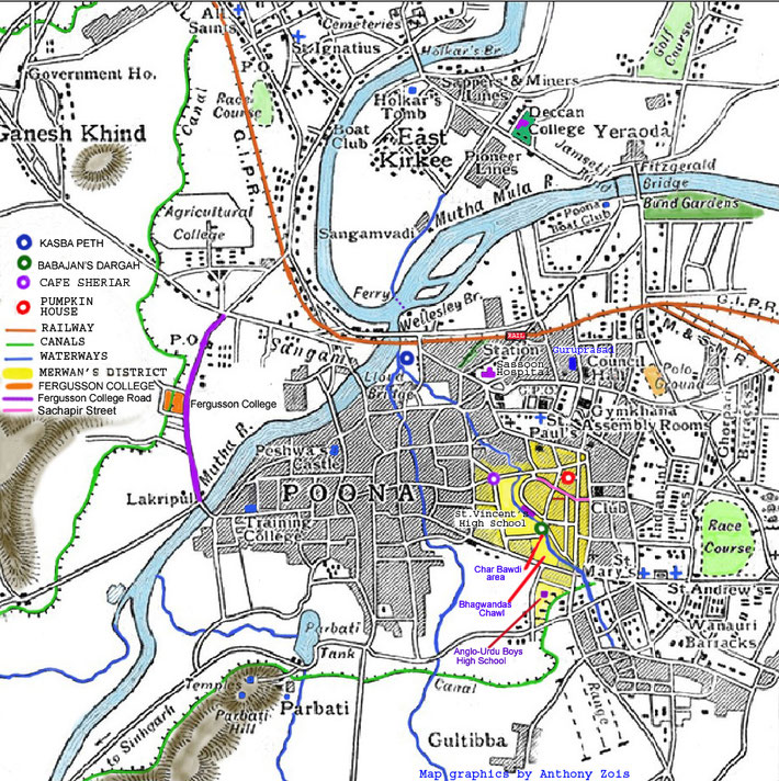 1914 : Map of Poona showing the important places for Merwan Irani ( later Meher Baba )