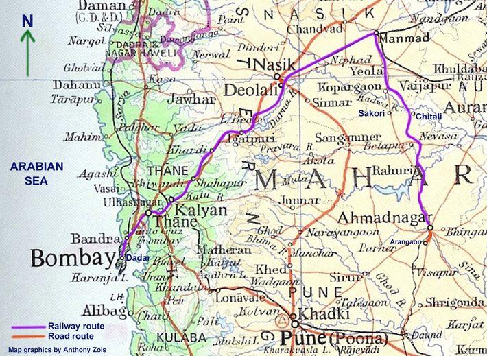 This map shows the next part of the journey from Dadar Station, Bombay to Nasik, then to Ahmednagar and then return to Dadar the same way.  Map graphics by Anthony Zois.