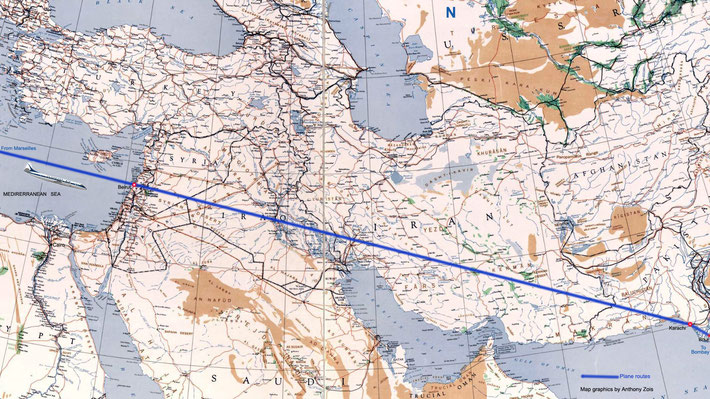 1952 Map - Air France flight route from France to Beirut & onto Karachi and India. Map graphics by Anthony Zois.