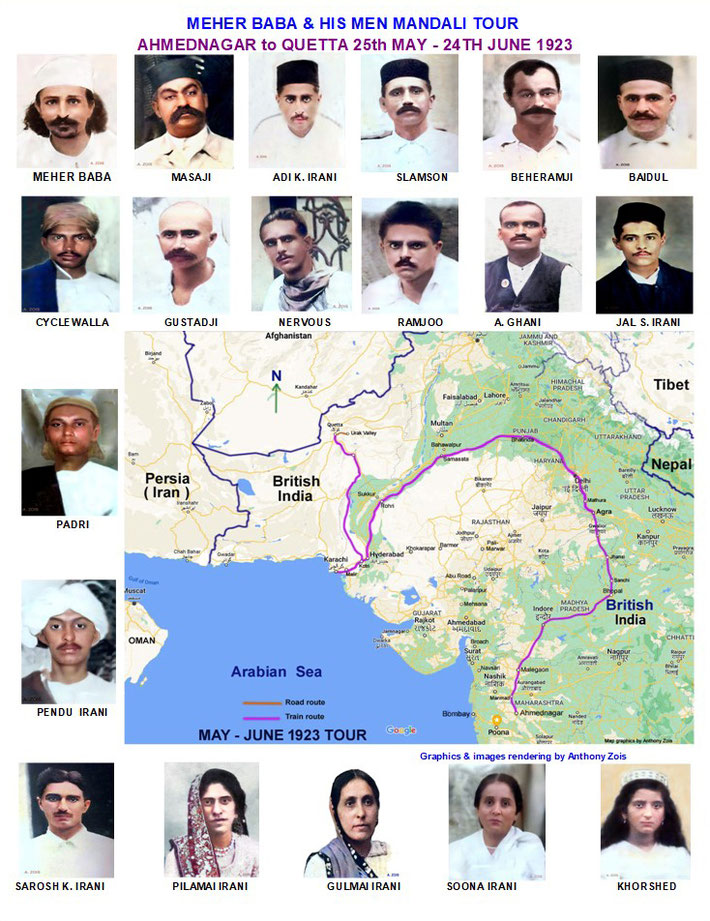  25th May-24th June 1923 : Meher Baba's trip from Ahmednagar to Karachi & Quetta. Everyone on this page travelled with Baba to either Karachi or Quetta, Br. India. Map graphics by Anthony Zois.