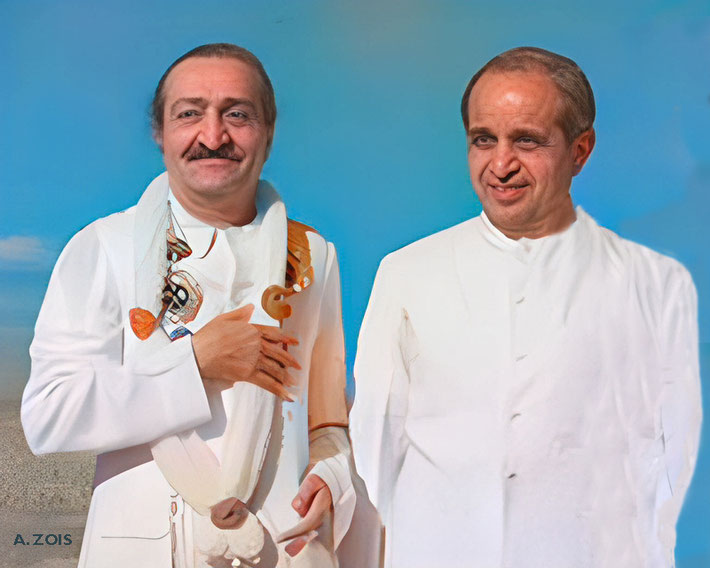 Meher Baba with Nusserwan Satha at Meherabad, India. Image rendition by Anthony Zois.